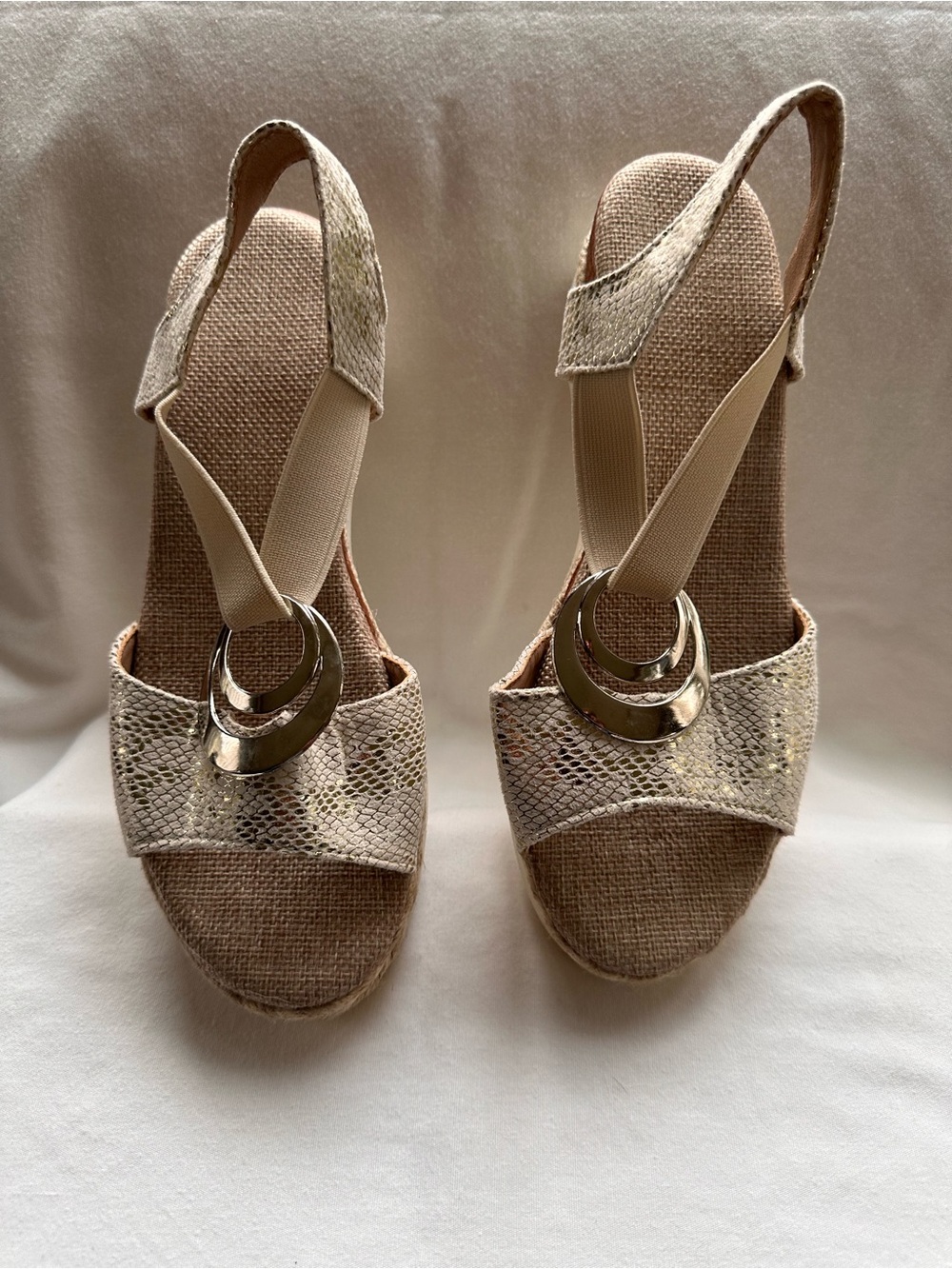 Woven Platform Slingback Sandals in Beige with Metallic Accent
